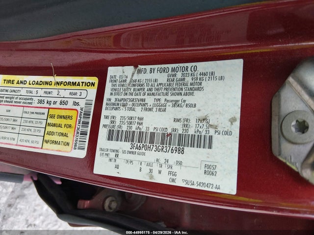 44995175 :رقم المزاد ، 3FA6P0H73GR376988 vin ، 2016 Ford Fusion Se مزاد بيع