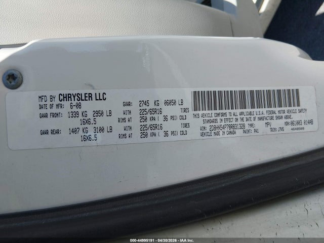 2008 Dodge Grand Caravan Sxt მანქანა იყიდება აუქციონზე, vin: 2D8HN54P78R831328, აუქციონის ნომერი: 44995191