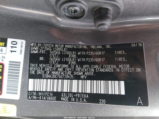 2016 Toyota Sienna Le 8 Passenger მანქანა იყიდება აუქციონზე, vin: 5TDKK3DC7GS729435, აუქციონის ნომერი: 44995193