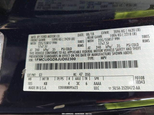 Продажа на аукционе авто 2018 Ford Escape Se, vin: 1FMCU0GD8JUD02300, номер лота: 44995202
