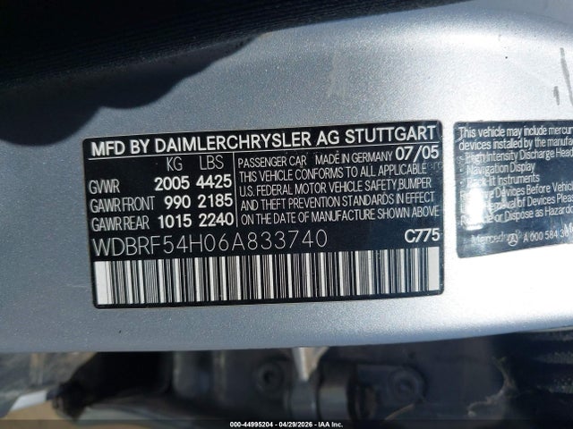 Aukcja sprzedaży 2006 Mercedes-benz C 280, vin: WDBRF54H06A833740, numer aukcji: 44995204