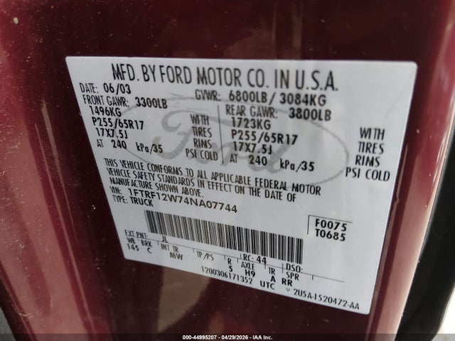 Aukcja sprzedaży 2004 Ford F-150 Stx/xl/xlt, vin: 1FTRF12W74NA07744, numer aukcji: 44995207