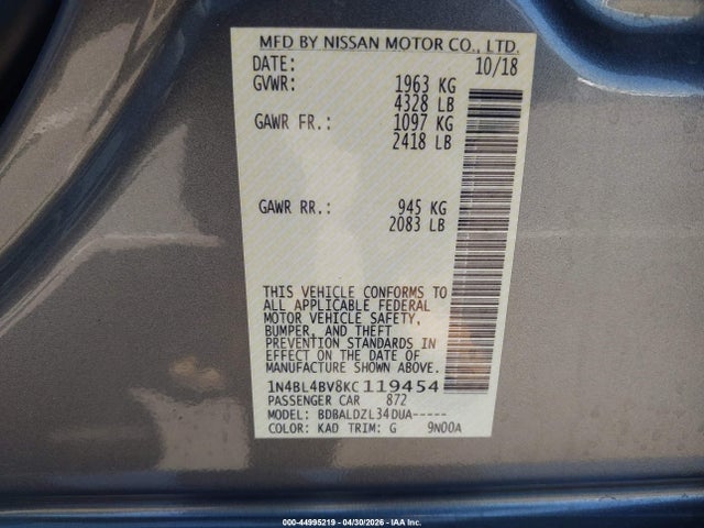 Aukcja sprzedaży 2019 Nissan Altima 2.5 S, vin: 1N4BL4BV8KC119454, numer aukcji: 44995219