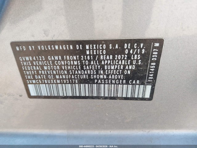 Продаж на аукціоні авто 2019 Volkswagen Jetta 1.4t R-line/1.4t S/1.4t Se, vin: 3VWC57BUXKM193178, номер лоту: 44995223