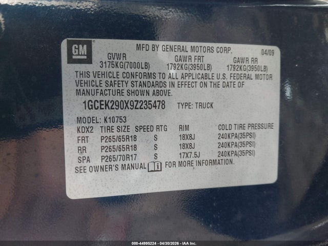 Aukcja sprzedaży 2009 Chevrolet Silverado 1500 Lt, vin: 1GCEK290X9Z235478, numer aukcji: 44995224