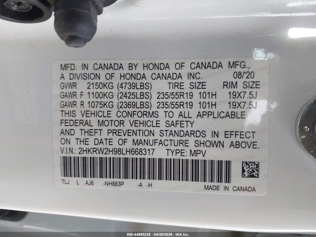 2020 Honda Cr-v Awd Touring მანქანა იყიდება აუქციონზე, vin: 2HKRW2H98LH668317, აუქციონის ნომერი: 44995228