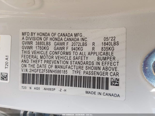 Продажа на аукционе авто 2022 Honda Civic Sport, vin: 2HGFE2F58NH586185, номер лота: 44995229