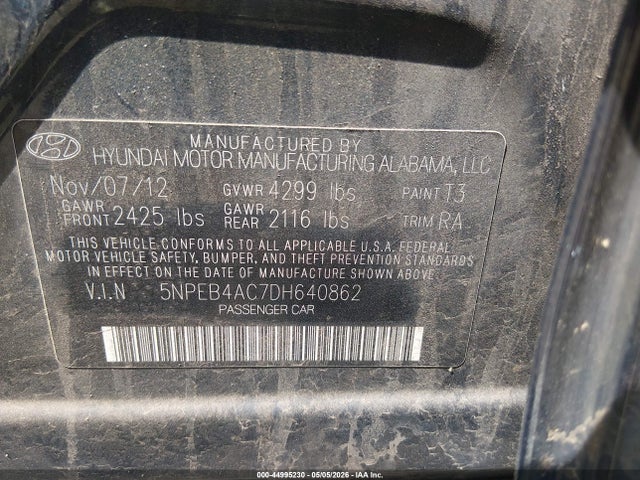 44995230 :رقم المزاد ، 5NPEB4AC7DH640862 vin ، 2013 Hyundai Sonata Gls مزاد بيع