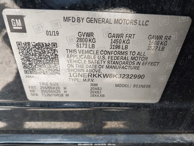 Aukcja sprzedaży 2019 Chevrolet Traverse Premier, vin: 1GNERKKW8KJ232990, numer aukcji: 44995236