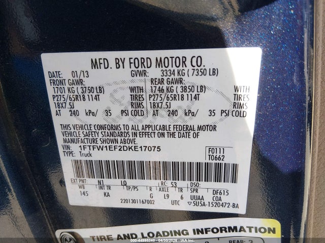 Aukcja sprzedaży 2013 Ford F-150 King Ranch, vin: 1FTFW1EF2DKE17075, numer aukcji: 44995240