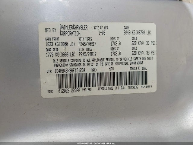 Aukcja sprzedaży 2006 Dodge Durango Slt, vin: 1D4HB48N36F151234, numer aukcji: 44995252
