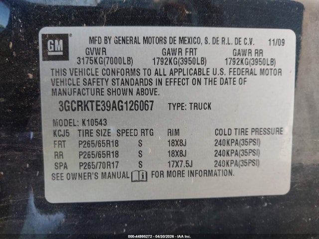 Aukcja sprzedaży 2010 Chevrolet Silverado 1500 Ltz, vin: 3GCRKTE39AG126067, numer aukcji: 44995272