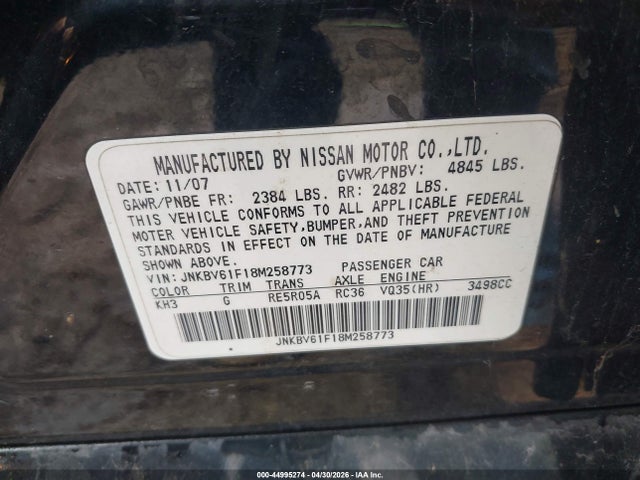 2008 Infiniti G35x მანქანა იყიდება აუქციონზე, vin: JNKBV61F18M258773, აუქციონის ნომერი: 44995274