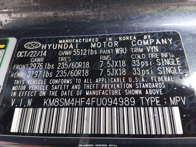 2015 Hyundai Santa Fe Gls მანქანა იყიდება აუქციონზე, vin: KM8SM4HF4FU094989, აუქციონის ნომერი: 44995282