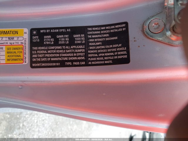 Продаж на аукціоні авто 2016 Buick Cascada Premium, vin: W04WT3N5XGG038161, номер лоту: 44995292