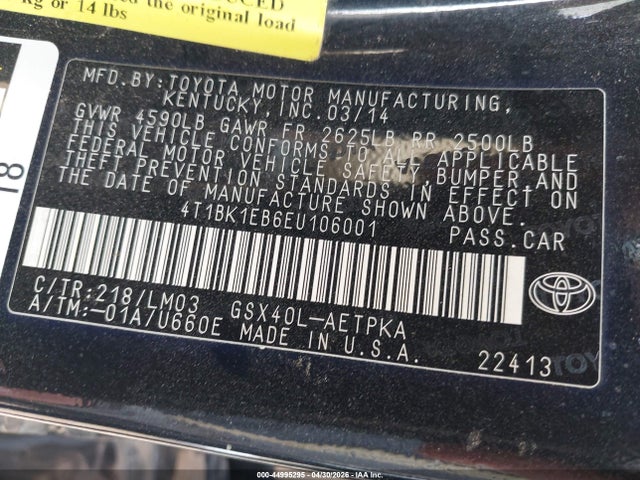 Продажа на аукционе авто 2014 Toyota Avalon Limited, vin: 4T1BK1EB6EU106001, номер лота: 44995295