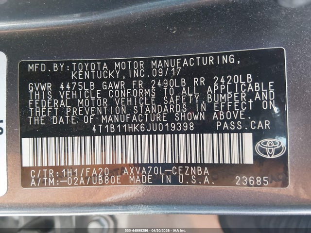 Aukcja sprzedaży 2018 Toyota Camry Le, vin: 4T1B11HK6JU019398, numer aukcji: 44995296