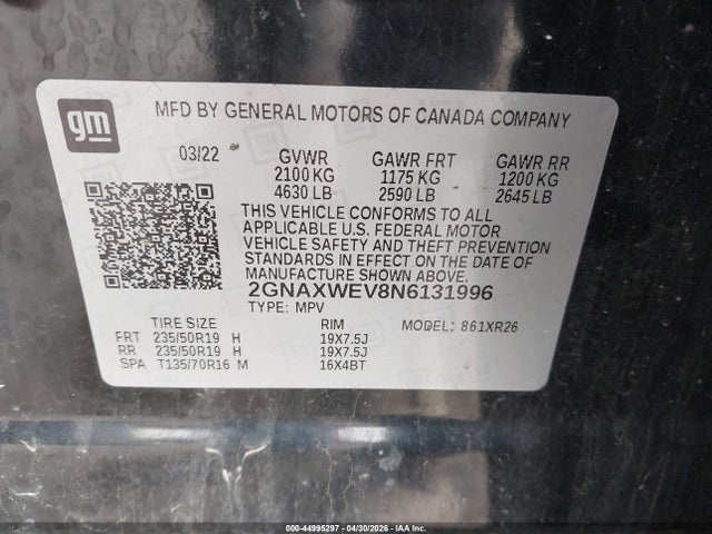 44995297 :رقم المزاد ، 2GNAXWEV8N6131996 vin ، 2022 Chevrolet Equinox Awd Rs مزاد بيع
