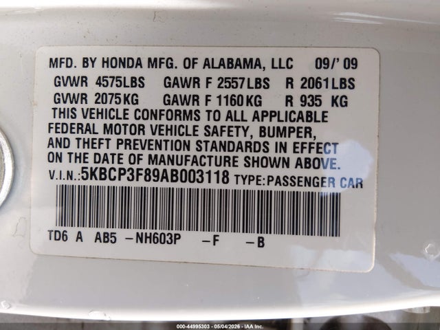 2010 Honda Accord 3.5 Ex-l მანქანა იყიდება აუქციონზე, vin: 5KBCP3F89AB003118, აუქციონის ნომერი: 44995303