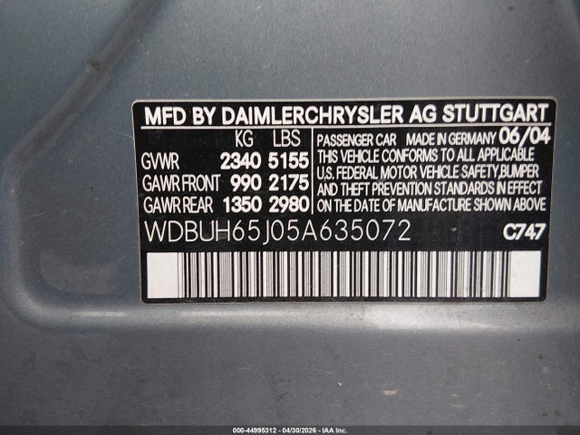2005 Mercedes-benz E 320 მანქანა იყიდება აუქციონზე, vin: WDBUH65J05A635072, აუქციონის ნომერი: 44995312