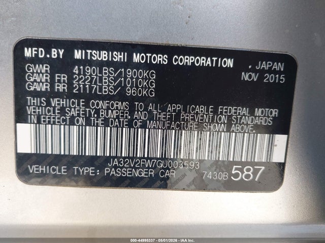 Aukcja sprzedaży 2016 Mitsubishi Lancer Sel, vin: JA32V2FW7GU003593, numer aukcji: 44995337