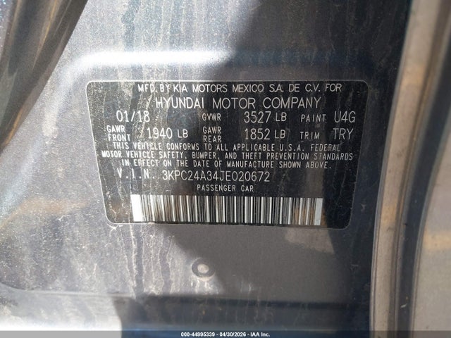 Auction sale of the 2018 Hyundai Accent Se, vin: 3KPC24A34JE020672, lot number: 44995339