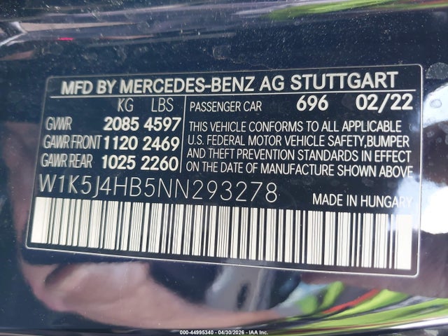 Aukcja sprzedaży 2022 Mercedes-benz Cla 250 Coupe 4matic, vin: W1K5J4HB5NN293278, numer aukcji: 44995340