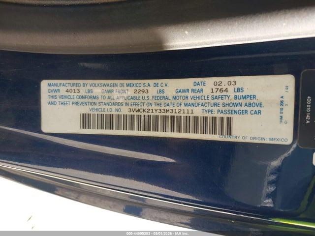 44995353 :رقم المزاد ، 3VWCK21Y33M312111 vin ، 2003 Volkswagen New Beetle Gls مزاد بيع
