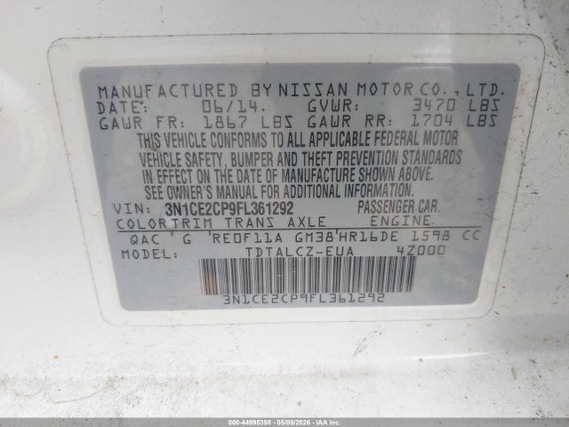 44995358 :رقم المزاد ، 3N1CE2CP9FL361292 vin ، 2015 Nissan Versa Note S (sr)/s Plus/sl/sr/sv مزاد بيع