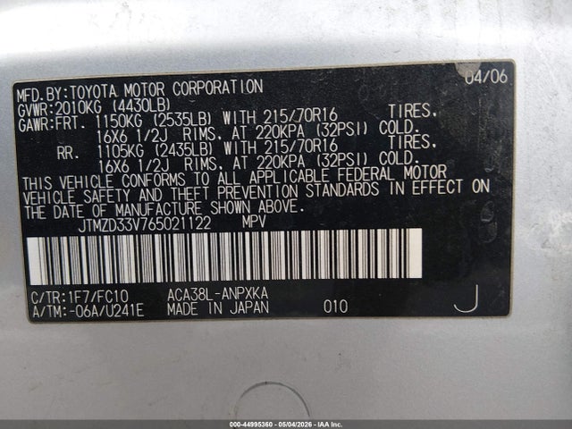 Aukcja sprzedaży 2006 Toyota Rav4, vin: JTMZD33V765021122, numer aukcji: 44995360