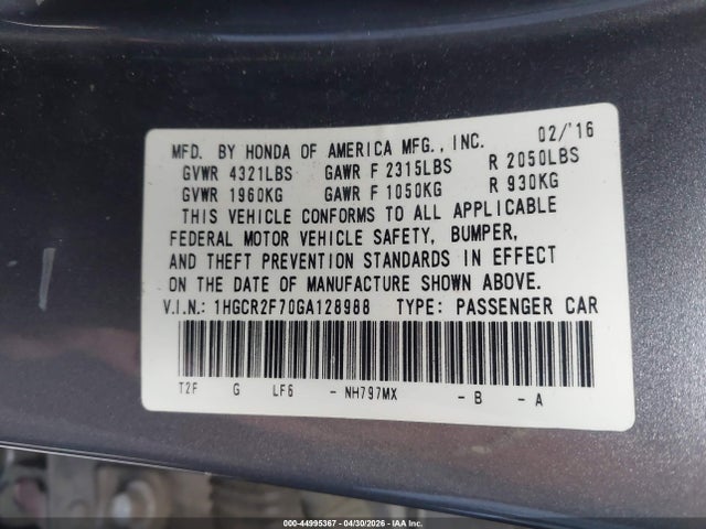 1HGCR2F70GA128988 Honda ACCORD EX