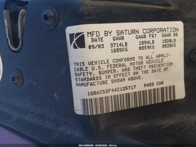 2004 Saturn Ion 2 მანქანა იყიდება აუქციონზე, vin: 1G8AZ52F44Z125717, აუქციონის ნომერი: 44995368