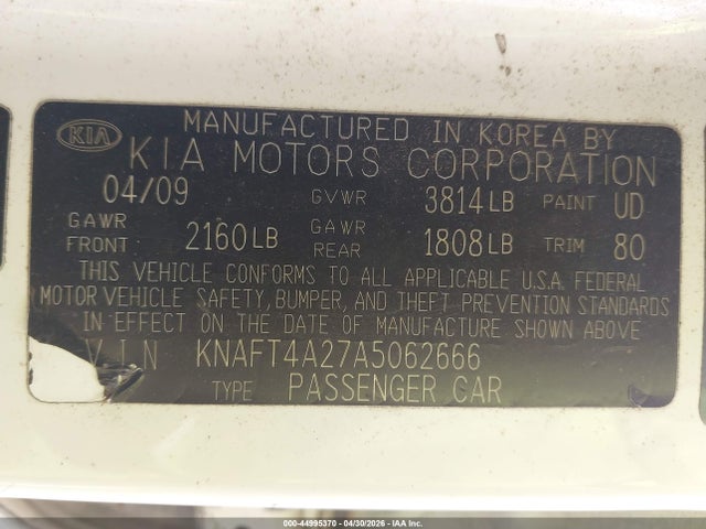 Продажа на аукционе авто 2010 Kia Forte Lx, vin: KNAFT4A27A5062666, номер лота: 44995370