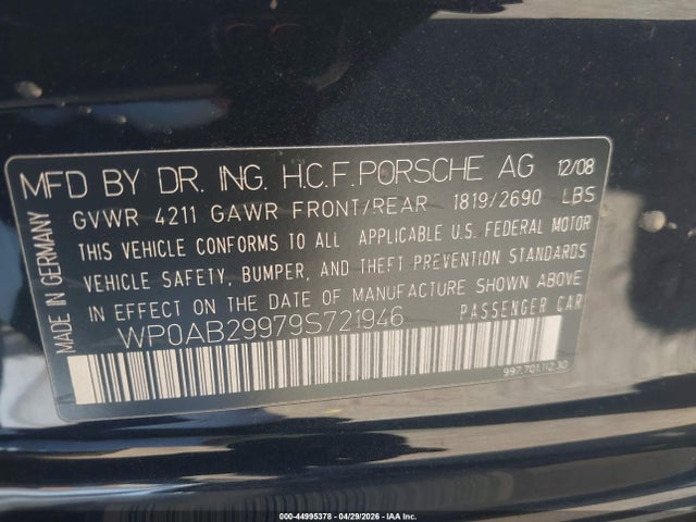 2009 Porsche 911 Carrera 4s/carrera S მანქანა იყიდება აუქციონზე, vin: WP0AB29979S721946, აუქციონის ნომერი: 44995378