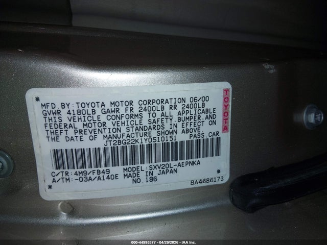 Продаж на аукціоні авто 2000 Toyota Camry Le, vin: JT2BG22K1Y0510151, номер лоту: 44995377