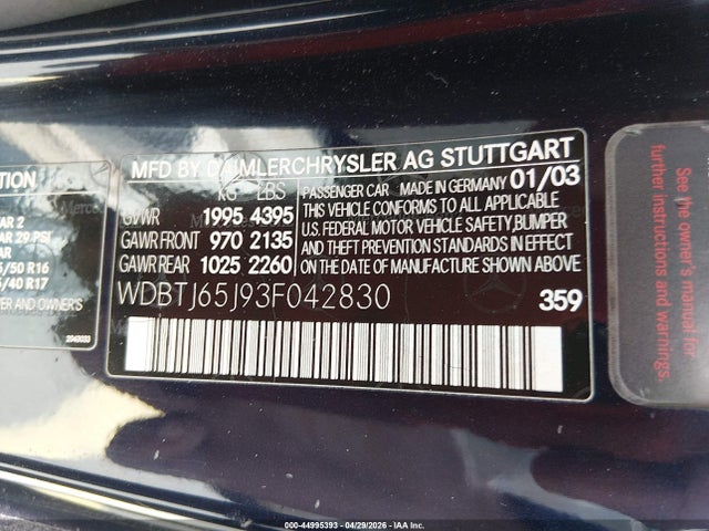 Продаж на аукціоні авто 2003 Mercedes-benz Clk 320, vin: WDBTJ65J93F042830, номер лоту: 44995393