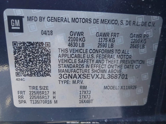 44995397 :رقم المزاد ، 3GNAXSEVXJL368701 vin ، 2018 Chevrolet Equinox Lt مزاد بيع