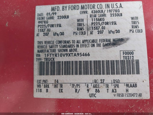 1999 Ford Ranger Xl/xlt მანქანა იყიდება აუქციონზე, vin: 1FTYR10V9XTA95466, აუქციონის ნომერი: 44995409