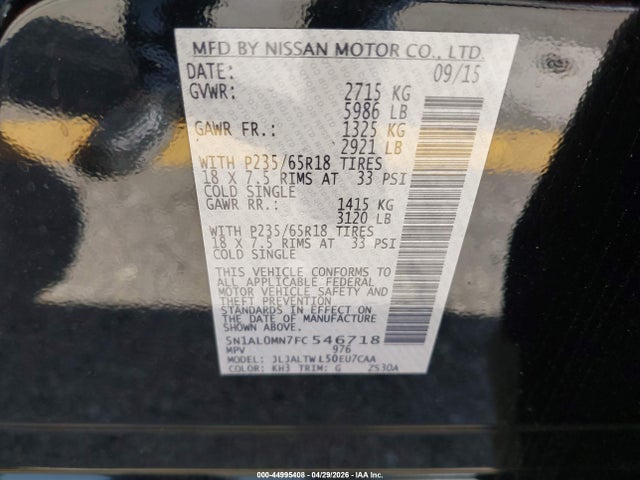 2015 Infiniti Qx60 მანქანა იყიდება აუქციონზე, vin: 5N1AL0MN7FC546718, აუქციონის ნომერი: 44995408