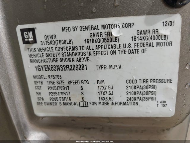 2002 Cadillac Escalade Standard მანქანა იყიდება აუქციონზე, vin: 1GYEK63N32R209381, აუქციონის ნომერი: 44995413