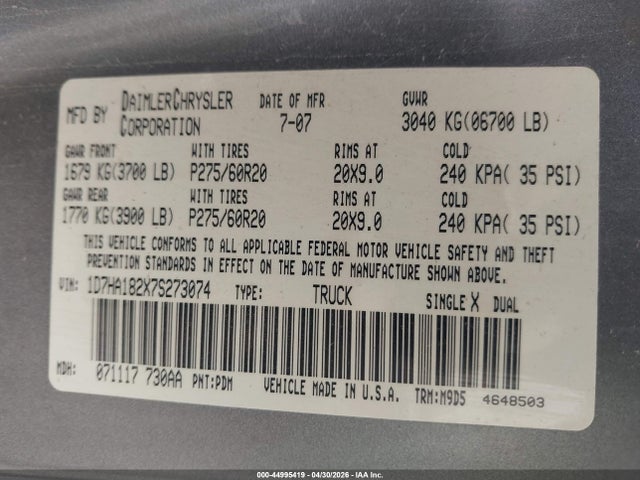 Продажа на аукционе авто 2007 Dodge Ram 1500 Slt, vin: 1D7HA182X7S273074, номер лота: 44995419