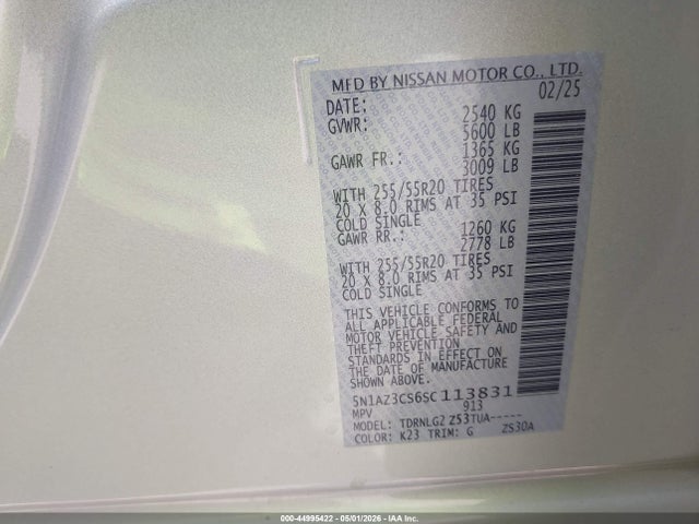 Продаж на аукціоні авто 2025 Nissan Murano Sl, vin: 5N1AZ3CS6SC113831, номер лоту: 44995422
