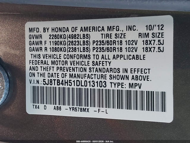 2013 Acura Rdx მანქანა იყიდება აუქციონზე, vin: 5J8TB4H51DL013103, აუქციონის ნომერი: 44995425