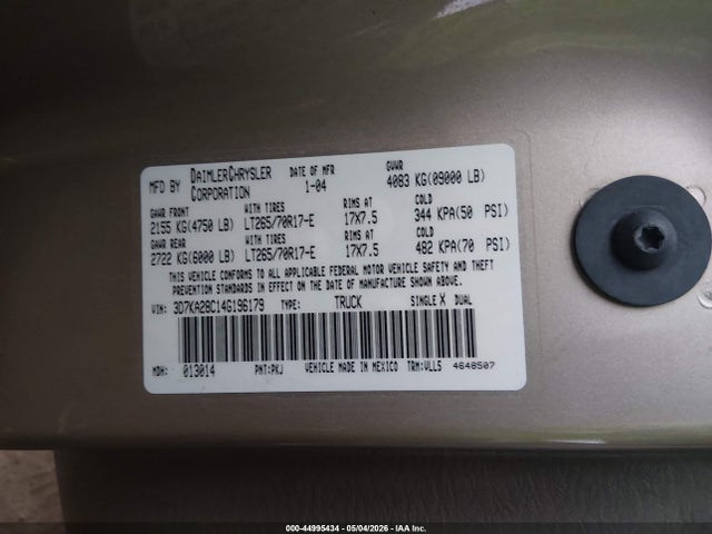 Продаж на аукціоні авто 2004 Dodge Ram 2500 Slt/laramie, vin: 3D7KA28C14G196179, номер лоту: 44995434