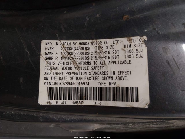 Aukcja sprzedaży 2006 Honda Cr-v Se, vin: JHLRD78946C015974, numer aukcji: 44995447