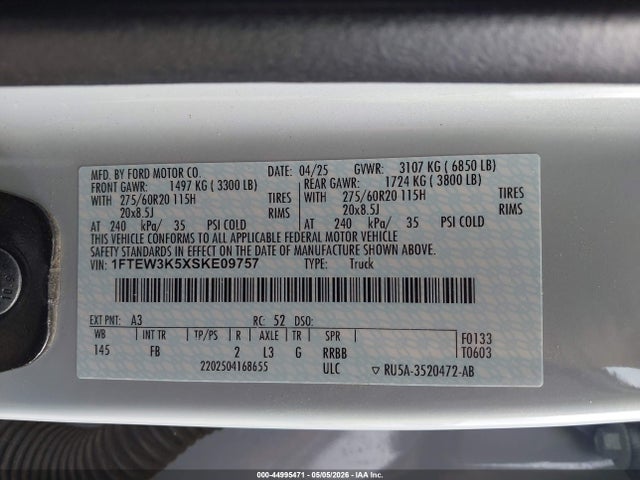 Aukcja sprzedaży 2025 Ford F-150 Xlt, vin: 1FTEW3K5XSKE09757, numer aukcji: 44995471