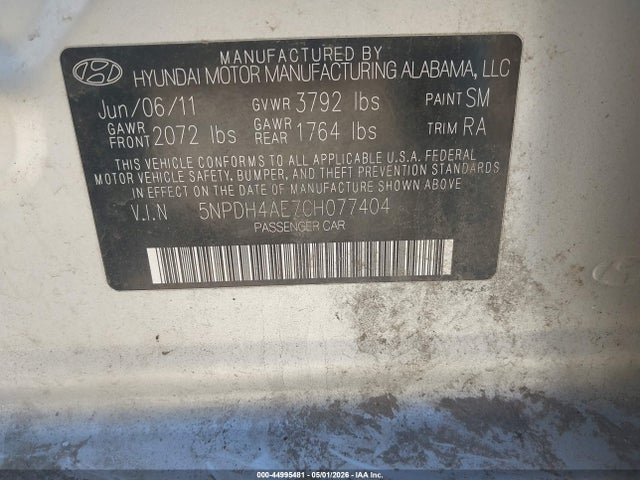 44995481 :رقم المزاد ، 5NPDH4AE7CH077404 vin ، 2012 Hyundai Elantra Gls مزاد بيع