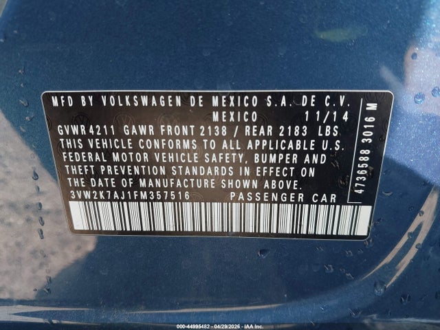 Aukcja sprzedaży 2015 Volkswagen Jetta 2.0l S, vin: 3VW2K7AJ1FM357516, numer aukcji: 44995482