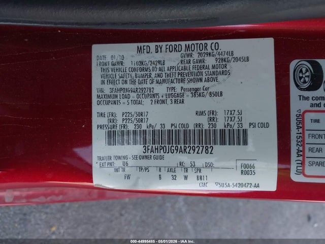 Aukcja sprzedaży 2010 Ford Fusion Sel, vin: 3FAHP0JG9AR292782, numer aukcji: 44995485