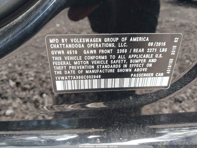 Продаж на аукціоні авто 2016 Volkswagen Passat 1.8t S, vin: 1VWAT7A39GC002946, номер лоту: 44995488